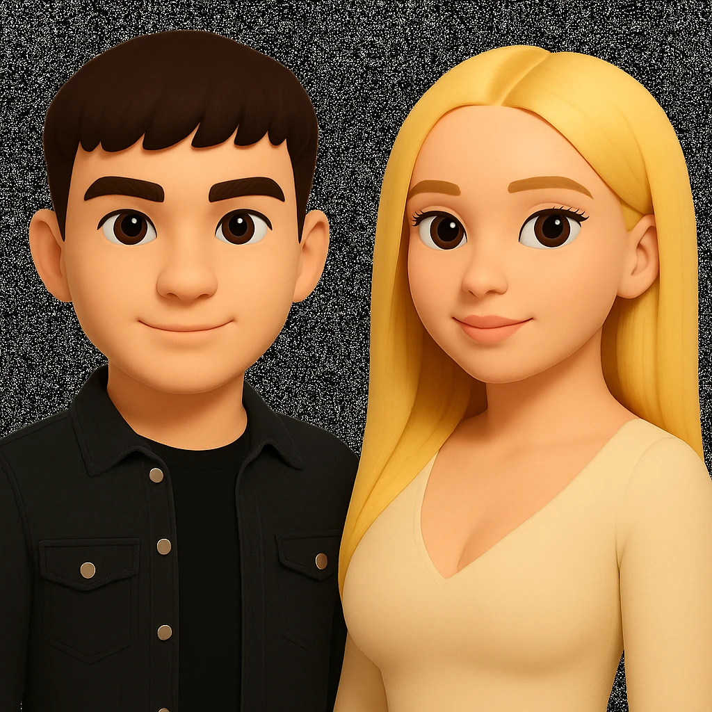 In the style of 3D Emoji, slightly increase the volume of the upper body of the girl, separate the girl and the boy from each other, and make the skin color the same for both characters. emoji