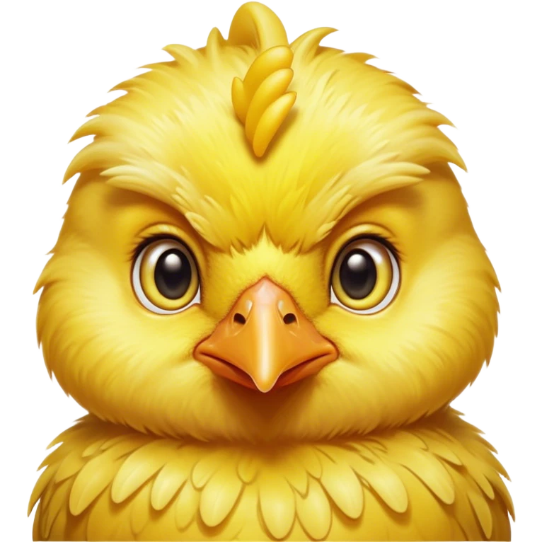 Cinematic Noble Yellow Baby Chicken Portrait Emoji, Poised and regal, with a tiny, fluffy build and a vibrant, well-groomed bright yellow downy coat, deep-set soulful beady eyes, Simplified yet sharp and sophisticated features, highly detailed, glowing with a soft, dignified glow, high shine, intelligent and charming, stylized with an air of youthful elegance, focused and attentive, soft glowing outline, capturing the essence of a watchful and confident little chick, so majestic it feels as though it could peep out of the screen with effortless authority! emoji