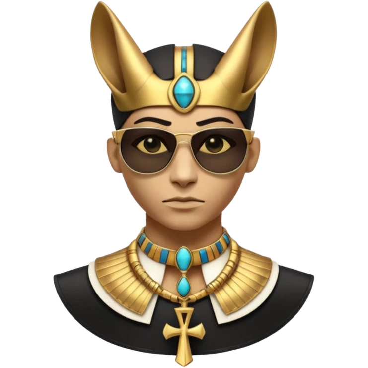 3D cartoon horned character portrait, wearing sunglasses, gothic ancient Egyptian style, pharaoh collar, dark gold and black outfit, ankh symbols, Egyptian jewelry, mysterious expression, soft dramatic lighting, centered, clean background, no text, no watermark emoji