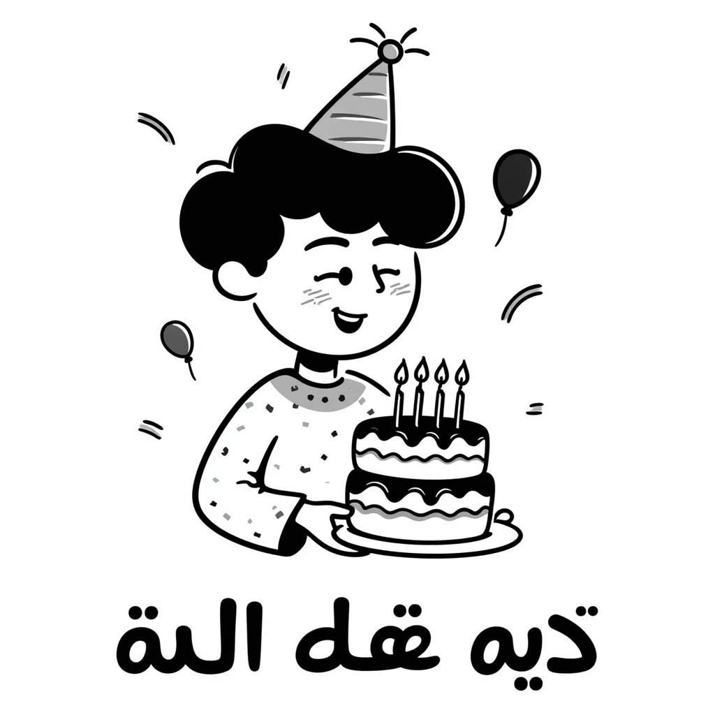 Extremely colorful and bright drawing of a cheerful boy with a birthday cake, rainbow colored decorations and party elements. At the bottom in large, bold, prominent Persian text write: "امیدرضا جان تولدت مبارک" emoji