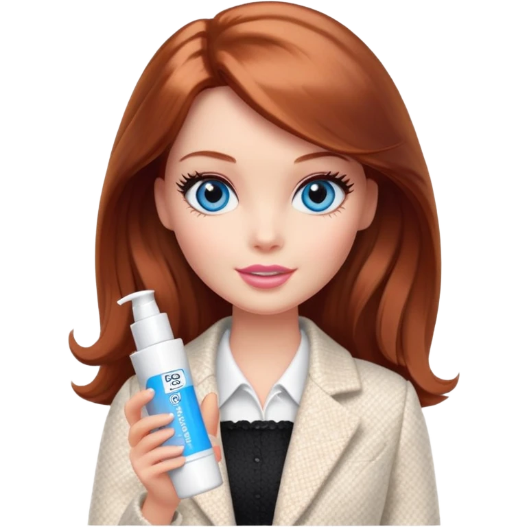 A Barbie girl with blue eyes, shoulder-length reddish-brown hair, made-up, in a white tweed jacket and black skirt, holding a tube of pale beige face cream emoji