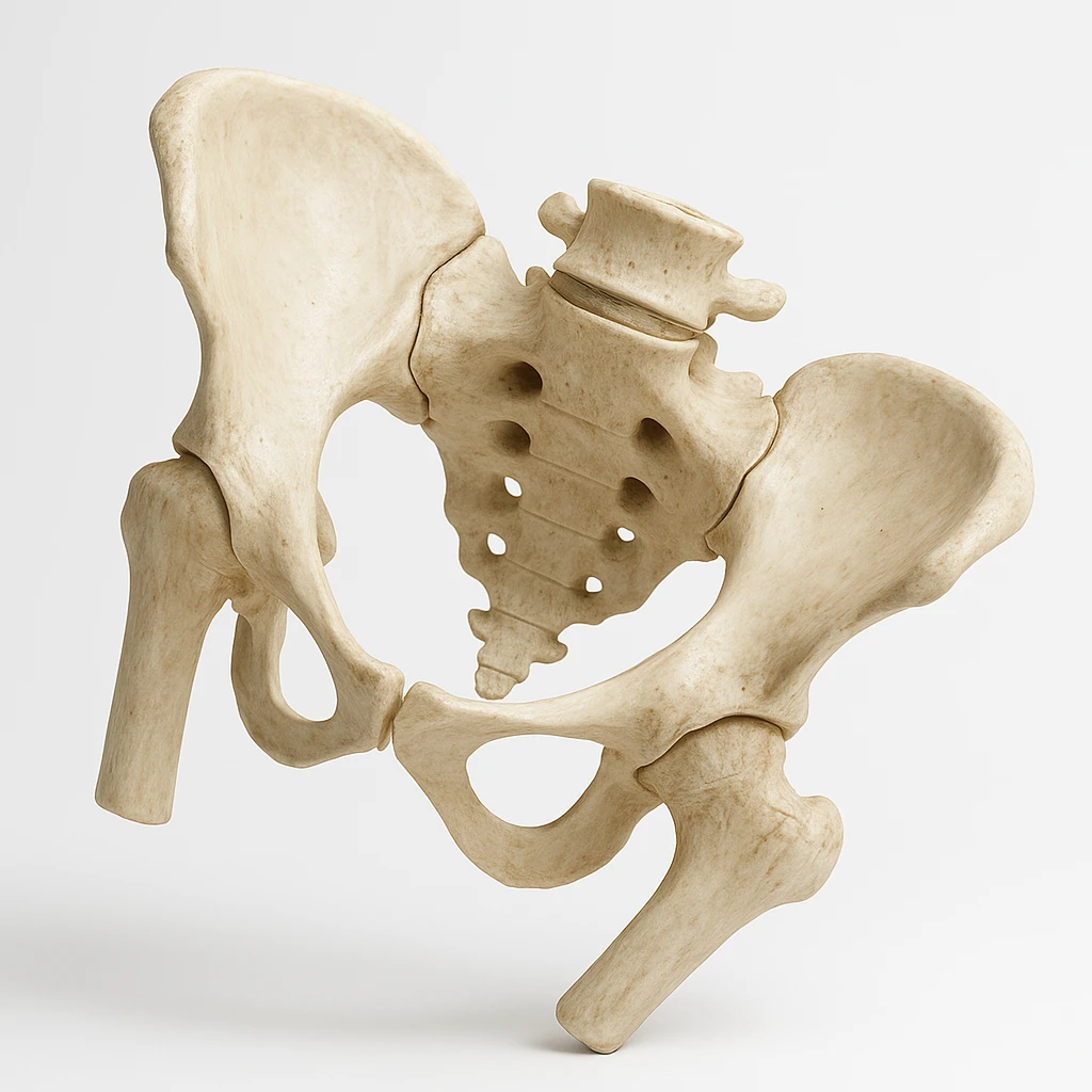 realistic human pelvis tilted, 4K image, anatomical details, pronounced tilt, perspective view, clinical atmosphere, white background emoji