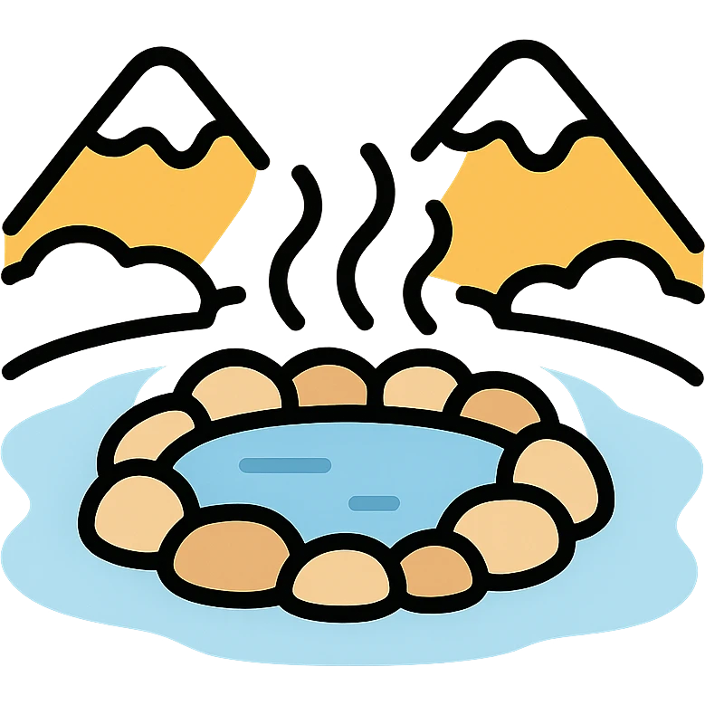 minimalist color icon of a peaceful hot spring in the mountains, snow all around, steam gently rising emoji