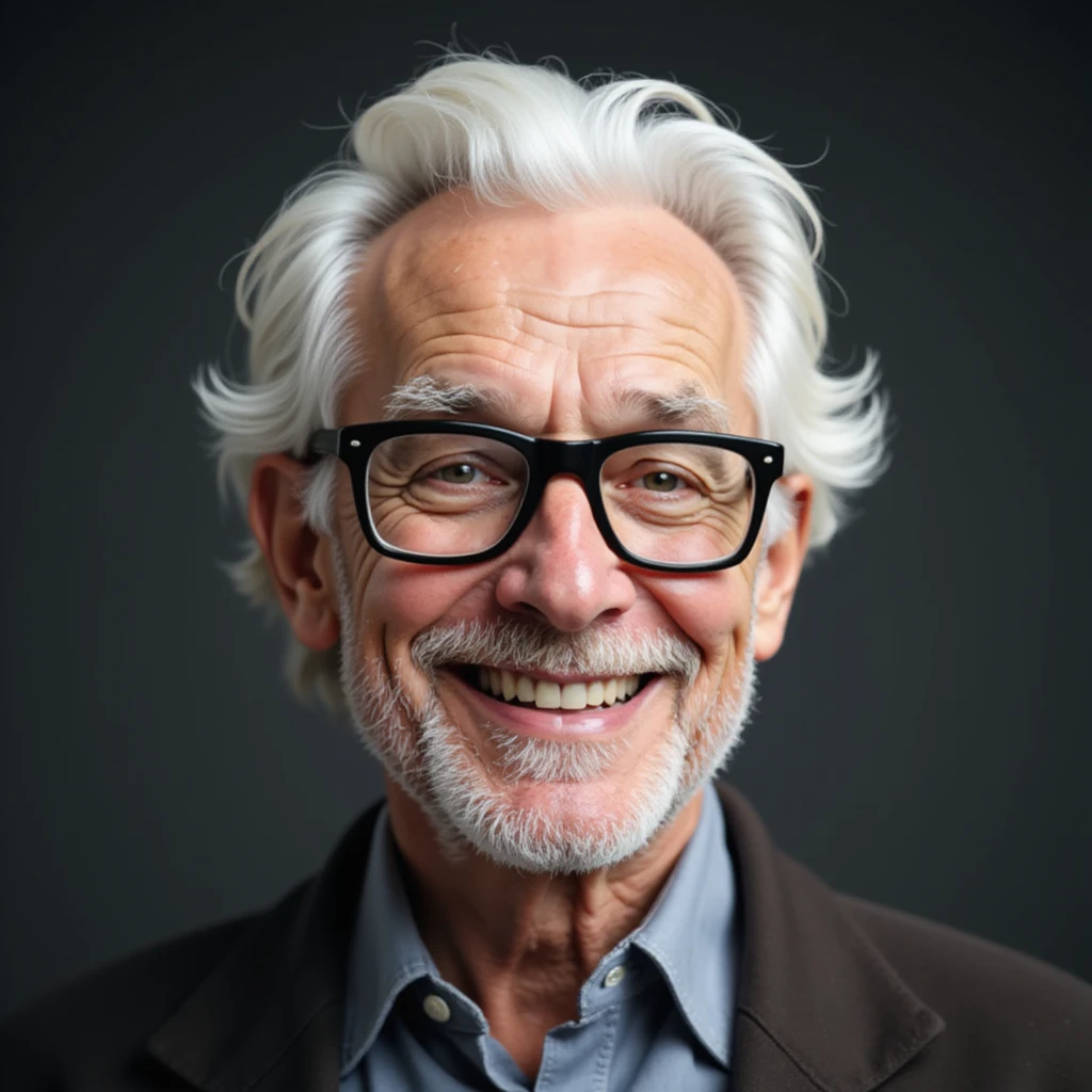 a smiling white-haired old man with black framed glasses, realistic style emoji