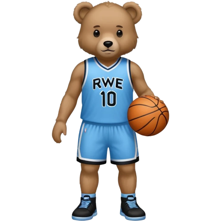 Bear with full body and wearing basketball black and light blue jersey that says RWE  emoji