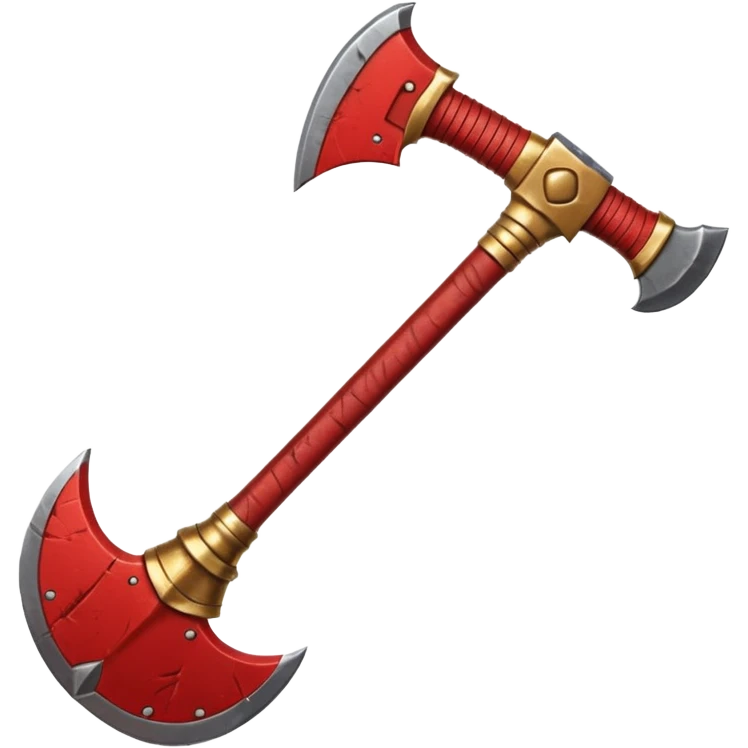 Ares battle axe object icon, ancient Greek war god axe, double-bladed heavy axe, red and gold metal, battle-worn scratches, glowing red accents, 3D cartoon, mobile game icon style, centered, clean background, soft shadow, no text, no watermark

 emoji