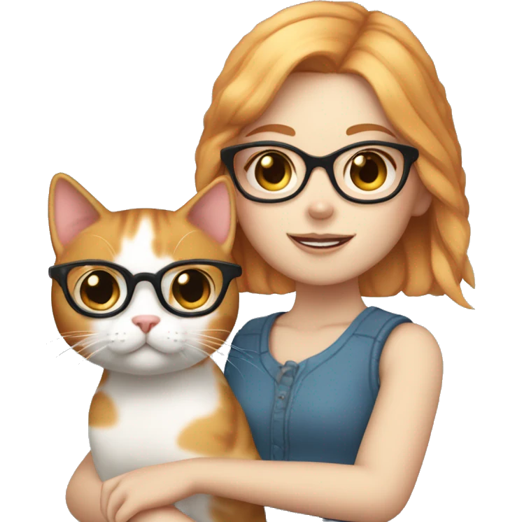 White skin, short strawberry-blonde haired girl with glasses holding calico cat emoji