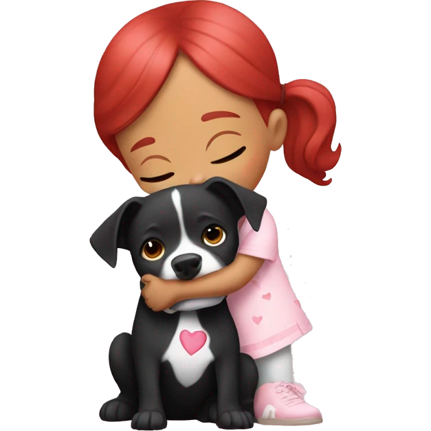 Girl with red hair kissing big black pitbull dog, pink hearts emoji