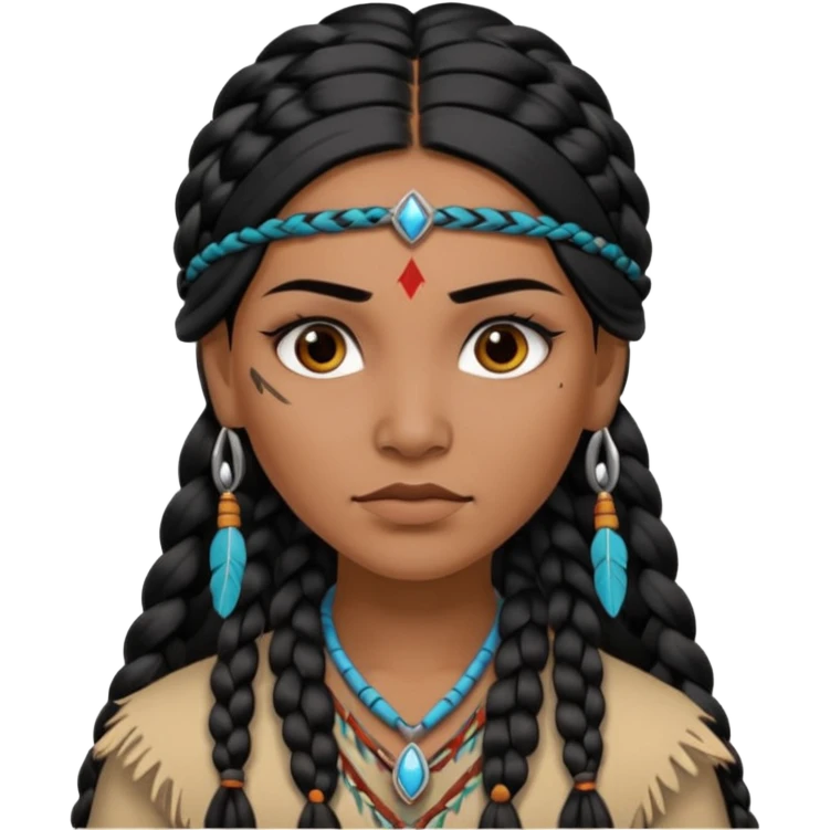 Attractive Native American woman with a wide face, baddie look, dark skin, Long braided black hair emoji
