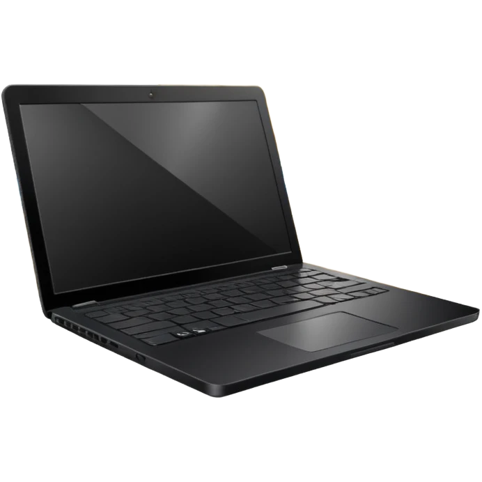 An open laptop in the foreground on the beach. Background shows sea, sun, and a palm tree. No people, no text emoji