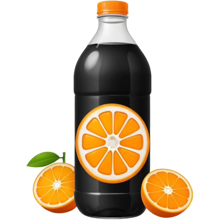 Create a drink in a plastic bottle with a black liquid named Kofola and orange emoji