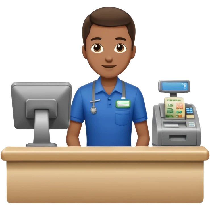 Supermarket employee at a cash register, full body, serving a man emoji