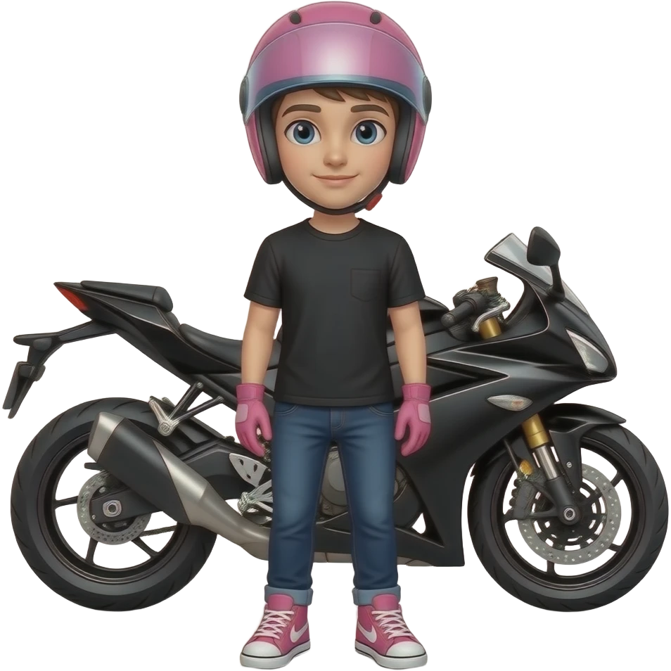 a young man with black clothes wearing pink sneaker and pink gloves, he also wears a pink helmet with an  unvisible vision, he stands in front of a black white motorcycle emoji