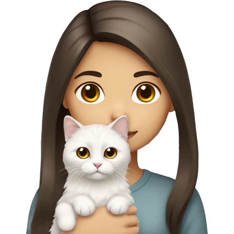 Dark brown straight hair girl with holding fluffy Siberian white cat  emoji