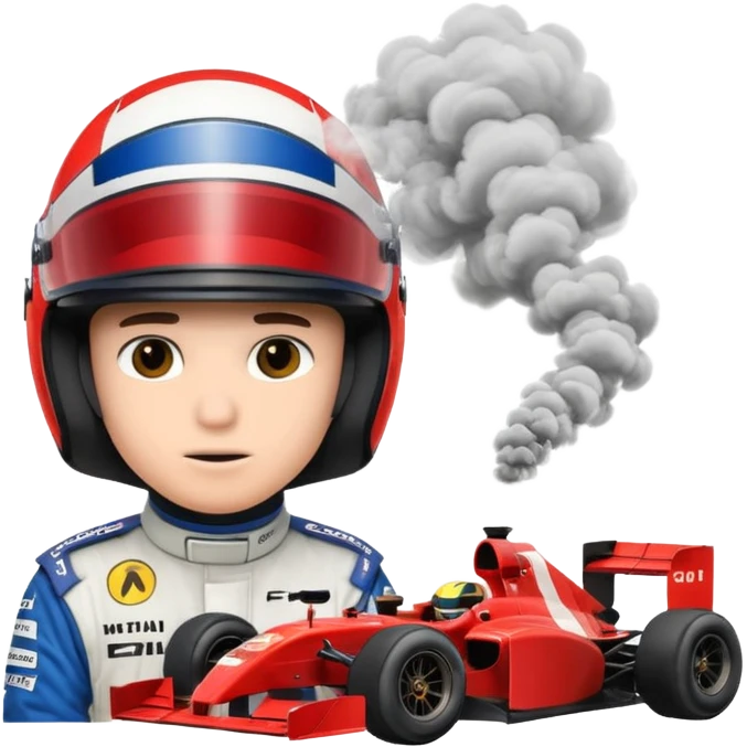 drifting car with tires smoke and a driver with a f1 helmet into the car emoji