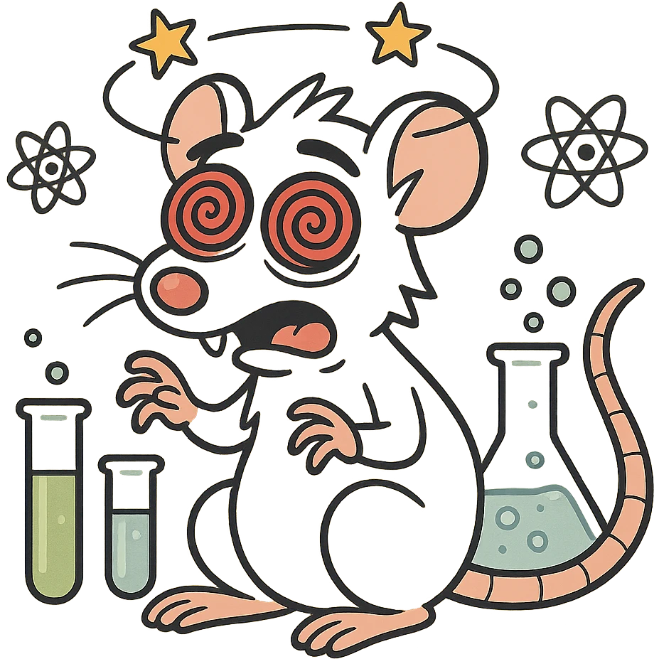 A dizzy lab rat with spiral eyes, stars around its head, white fur, cartoon style with red glowing eyes and scientific elements, not in kawaii style. emoji