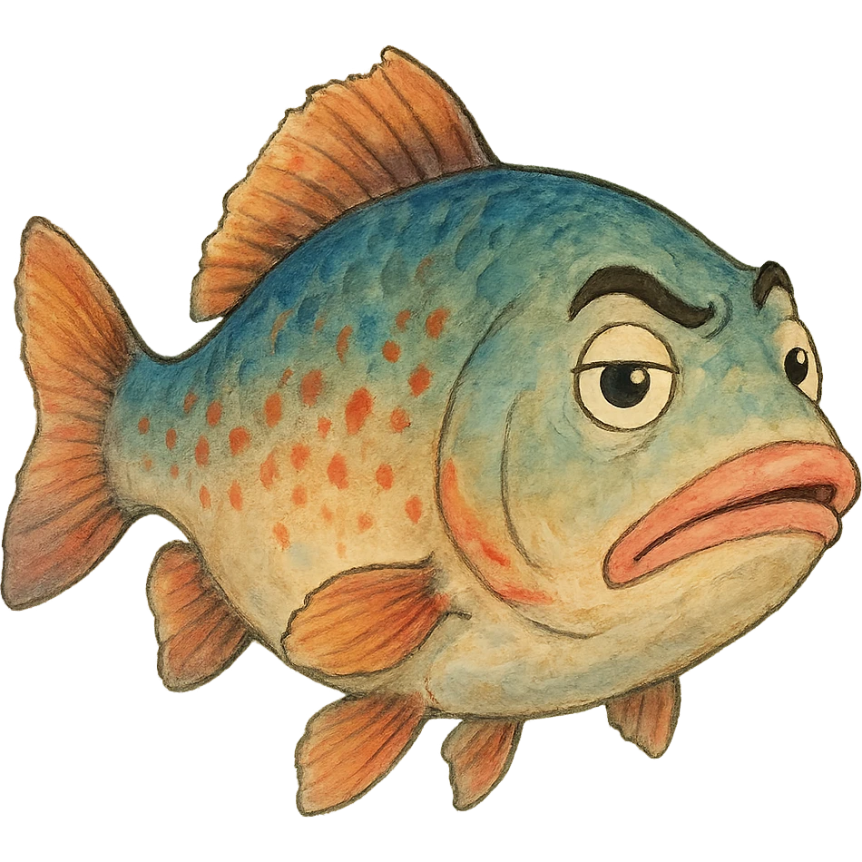 a realistic fish raising one eyebrow, ghibli style emoji