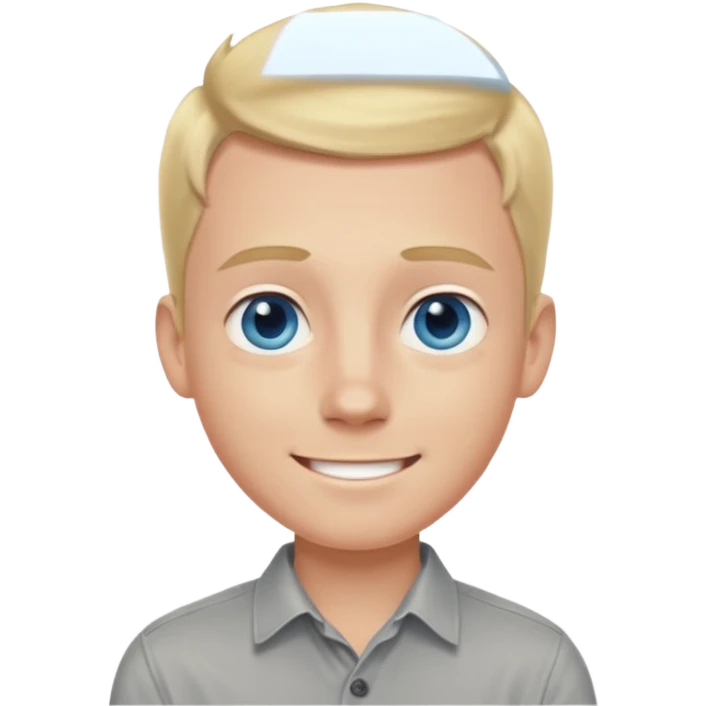 smiling blonde boy, blue eyes, large forehead, pale with a hint of tanning redness, wearing a grey button shirt emoji