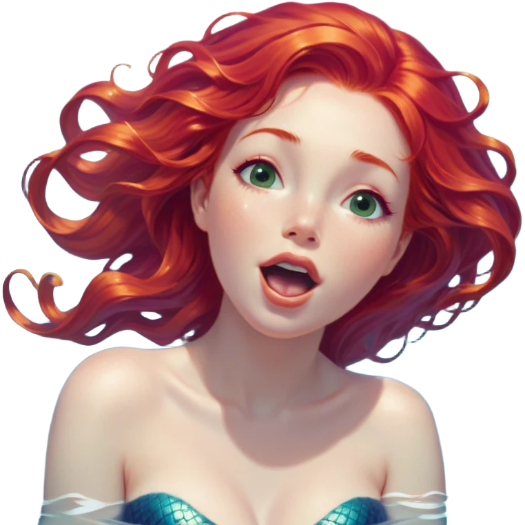 Cinematic Realistic Red Hair Mermaid Portrait, head tilted slightly with a dramatic, wide-open yawn, revealing a tender, relaxed visage with delicately detailed porcelain skin and vibrant, cascading red hair softly billowing around her. Her dreamy eyes exude a serene, aquatic charm, rendered with gentle underwater lighting and high shine—capturing the essence of a drowsy yet mesmerizing mermaid drifting into a tranquil slumber beneath the sea. emoji