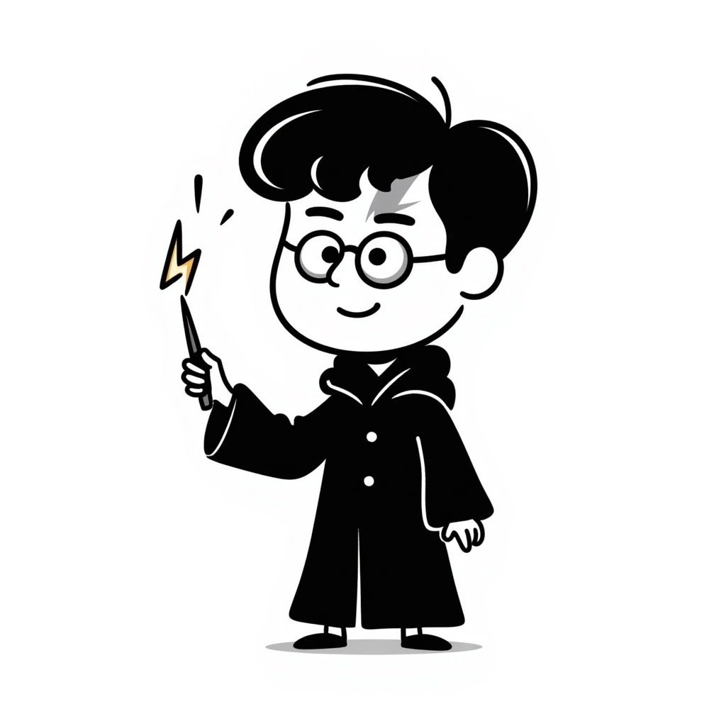 Harry Potter with glasses, lightning scar, and wand in hand drawn doodle style emoji