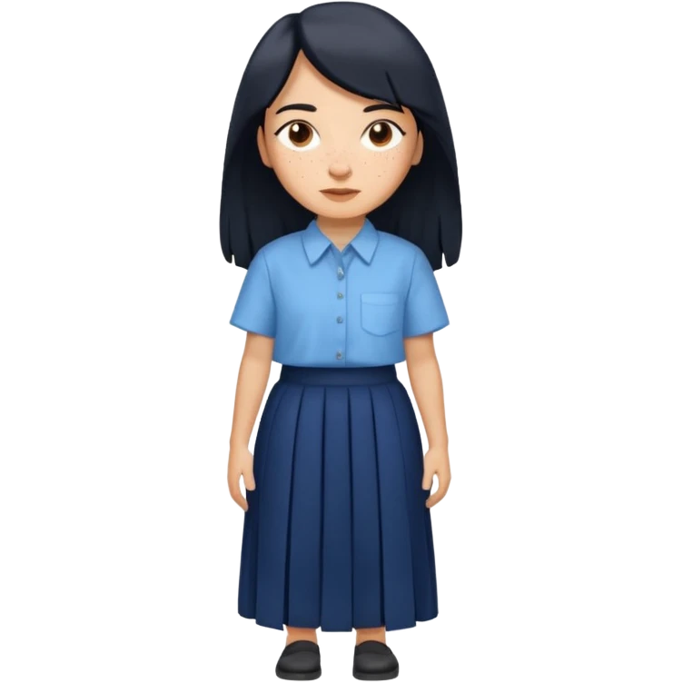 hair : black long hair with fringe 
skin : light with freckle
cloth : oversize light blue shirt + navy long long skirt 
 emoji