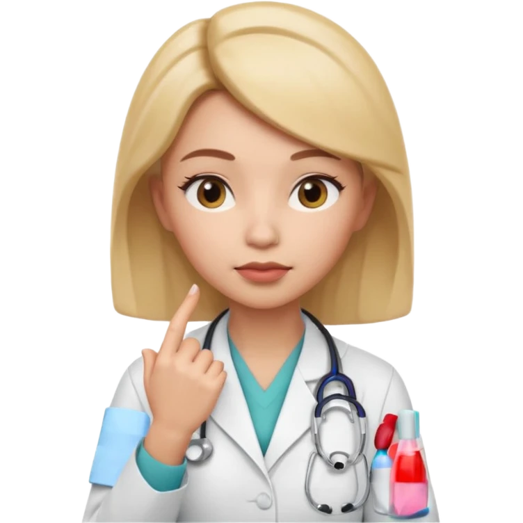 3D memoji female doctor, hand touching chin in thinking pose, thoughtful expression, slightly narrowed eyes, professional medical look, isolated PNG emoji