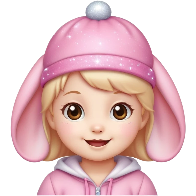 Kawaii baby girl emoji, smiling with sparkles, pink bunny hat emoji