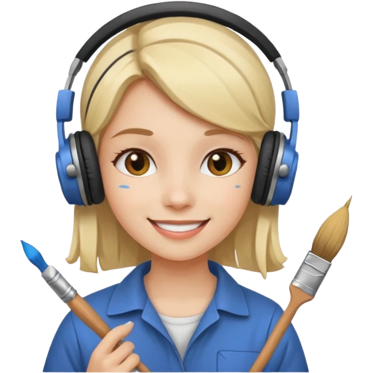 female artist wearing headphone, holding painter emoji