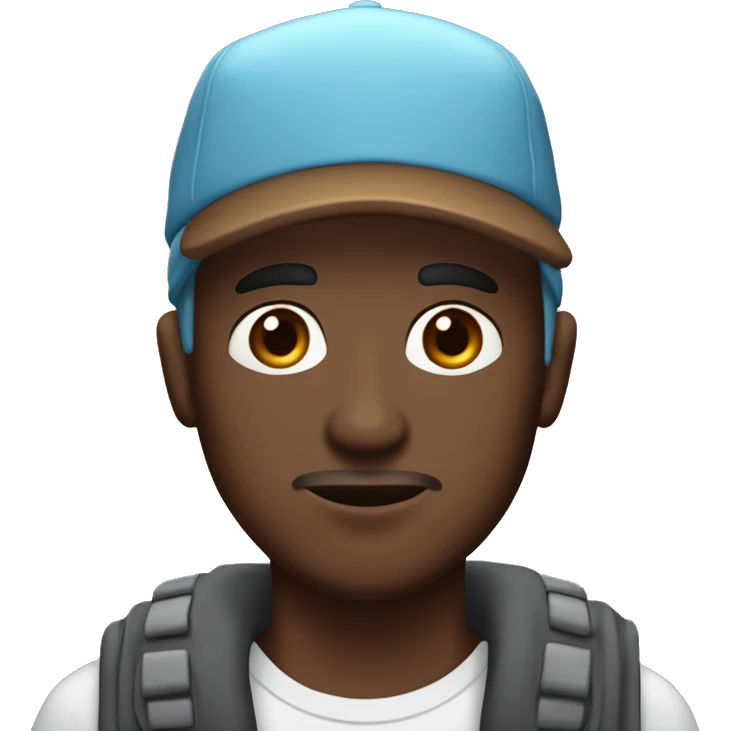a dark brown skinned and dark brown eyes man with a cap on his head. he has thick lips. the cap is light blue with white capital text on it. the text is wolf emoji