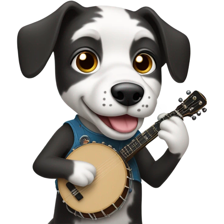 Black and white dog playing banjo emoji