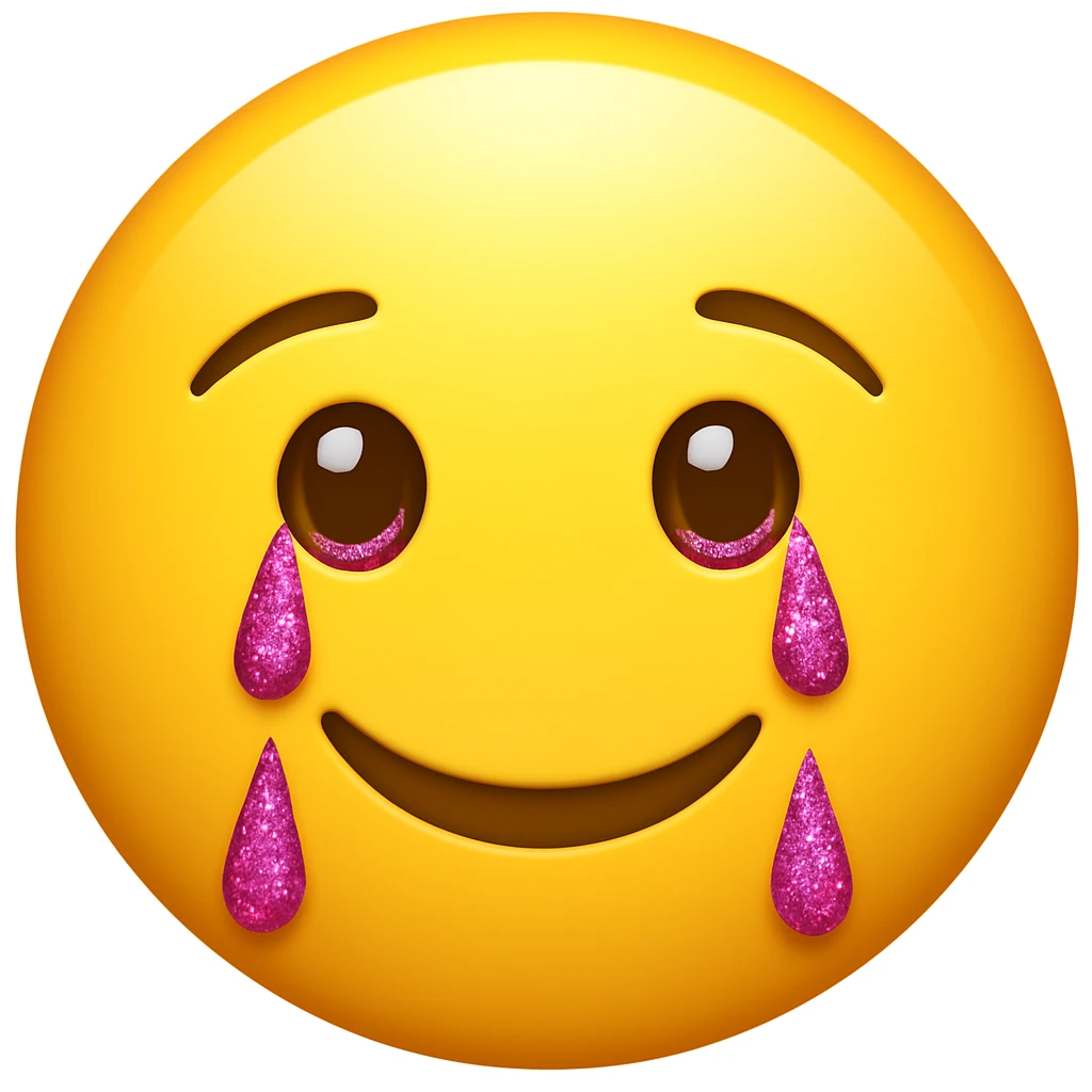 Make the tears pink glittery and the lips smile on a classic round yellow face emoji. The face should not be a woman face, but a classic emoji face. emoji