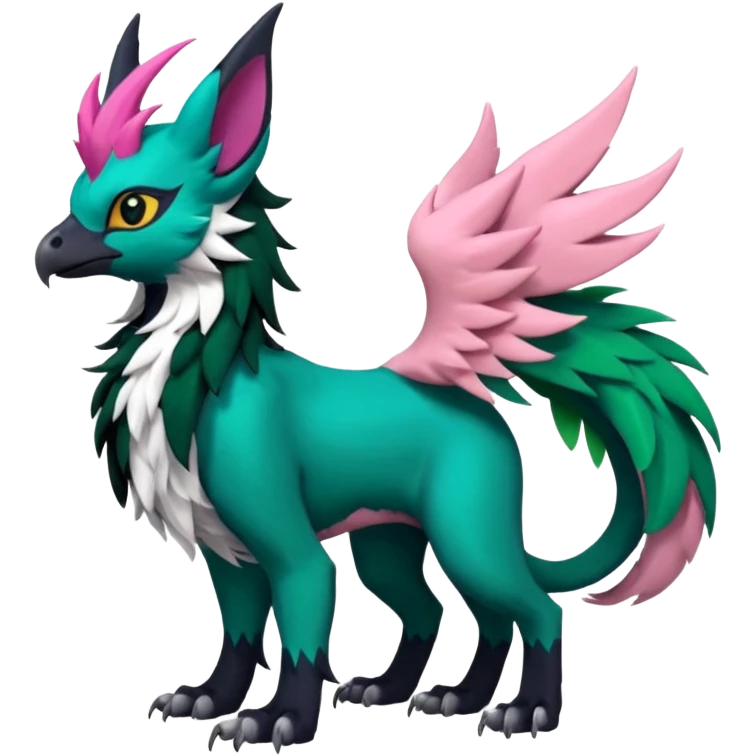 Dark-deep-Emerald-green gryphon-Trico-Nargacuga-Absol-Leafeon-Sprigatito-fusion-hybrid with a long tufted tail, black beak, pink accents, black claws, black tail, majestic, realistic, furry (full body) emoji