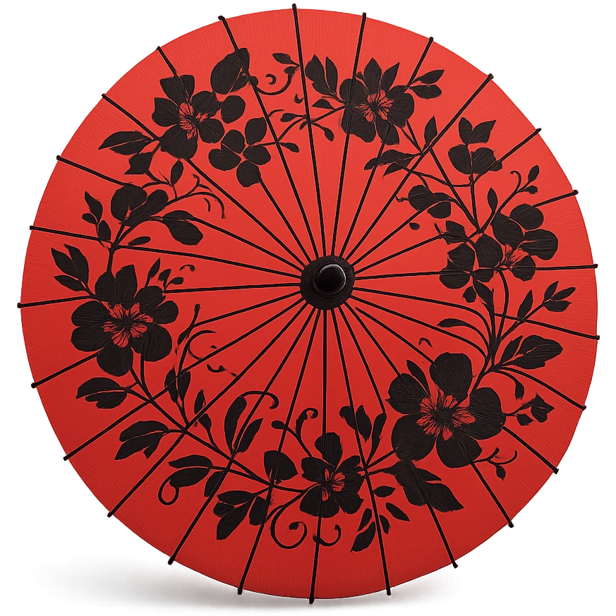 red Chinese parasol with black flowers, open, black floral motifs radiating from the center, simple background emoji