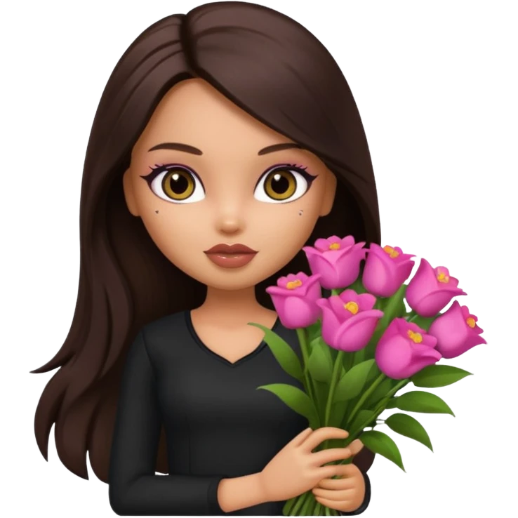  pretty bratz doll with makeup with dark top, long dark brown hair holding big bouquet of flowers  emoji