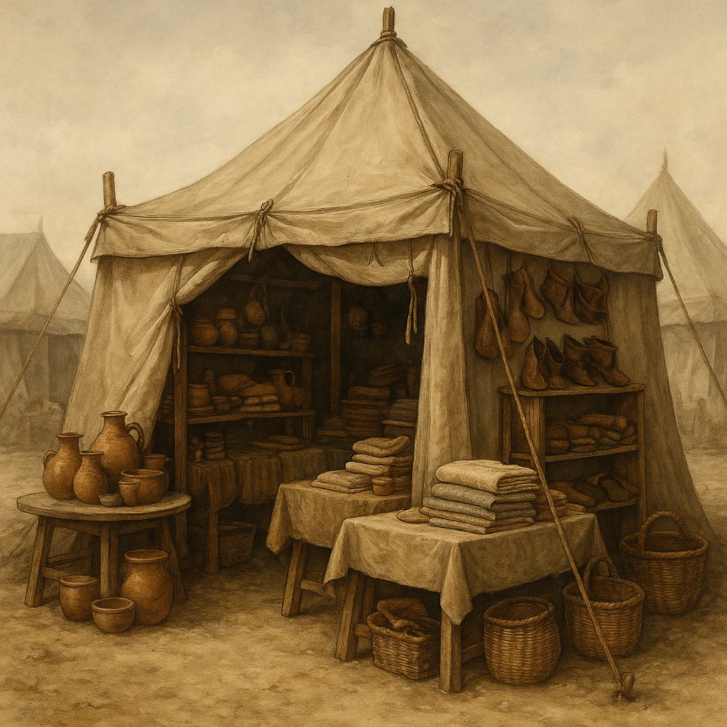 a medieval tent shop, canvas tent with wooden frame, merchant goods displayed outside, medieval market atmosphere emoji
