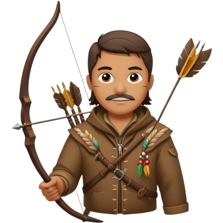 A classic middle-aged hunter with a bow and arrow on his back, dressed in brown clothes and adorned with decorations made of feathers or bone teeth emoji