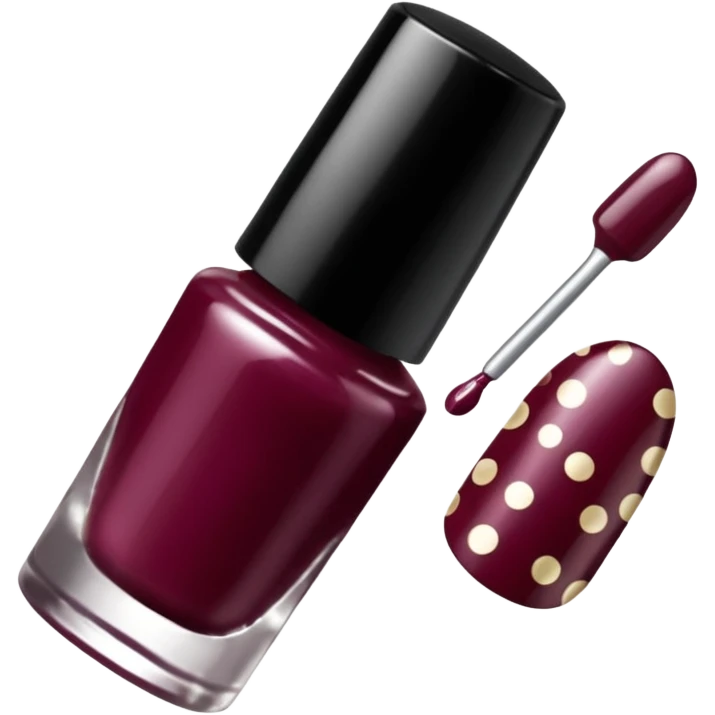 burgundy nail polish bottle, nail polish has light gold iridescence, cap is black with white polka dots, cinematic emoji emoji
