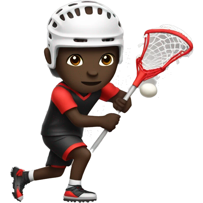 A dark skin colored boy playing lacrosse with a black and red jersey. emoji