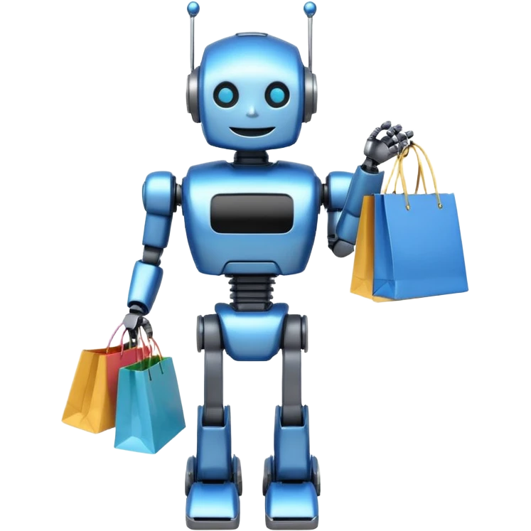 black friday robot with blue and metalic colours with bags in his hands smiling emoji