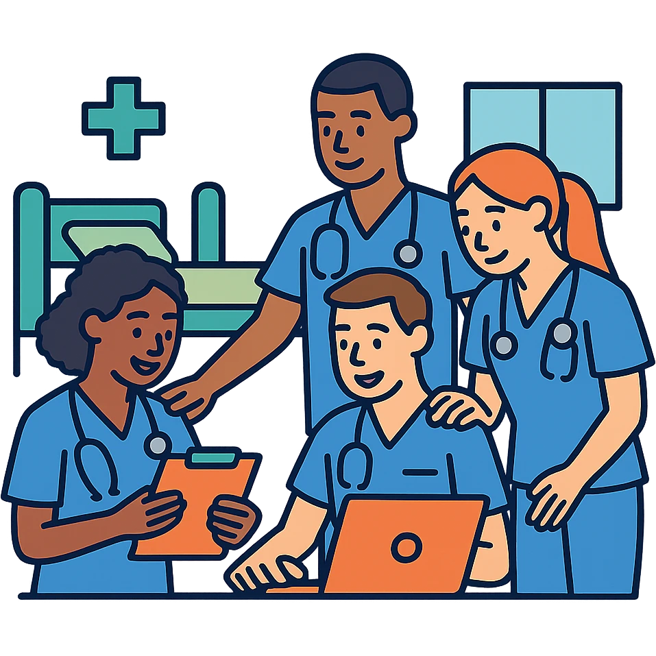 four nursing students working together, diverse, helping each other, hospital setting, color outline icon style emoji