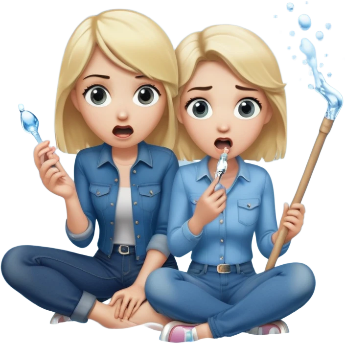 blond woman sitting on her knees with wide eyes, another man in jeans stands on her left, she's holding a wide skin-colored stick with a D-shaped knob, the stick and the nob have skin texture, water squirting from the knob into her mouth, shocked face emoji