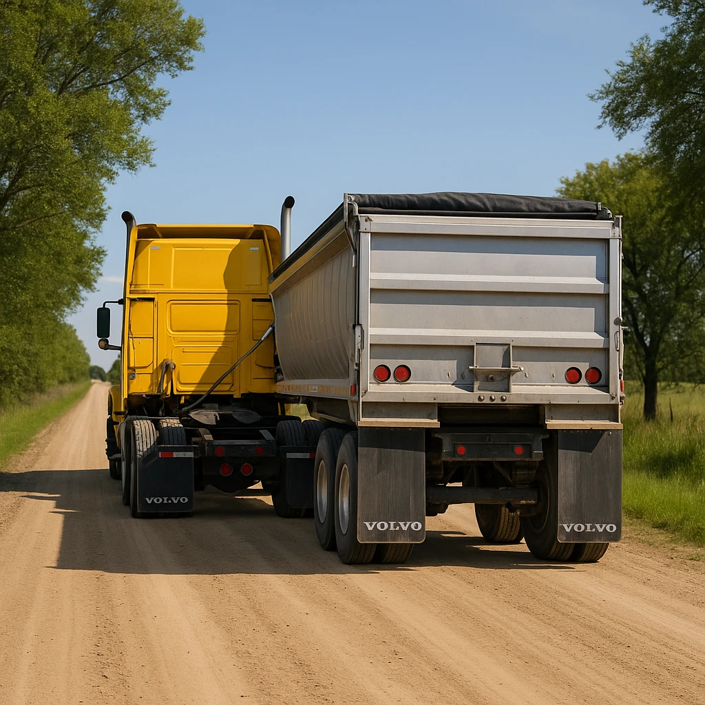 highly photorealistic rear view of a Volvo yellow semi sleeper truck with a long silver end dump trailer, both in normal driving position, driving away down a rural dirt road lined with trees and grass, bright daytime lighting, clear sky emoji