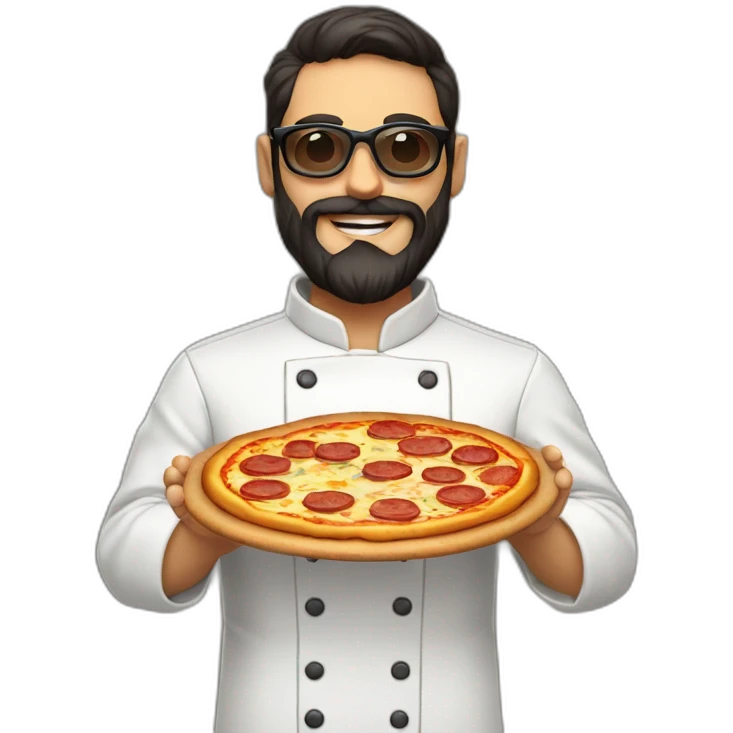 Dark haired chef with beard and big dark glasses holding a slice of pizza emoji