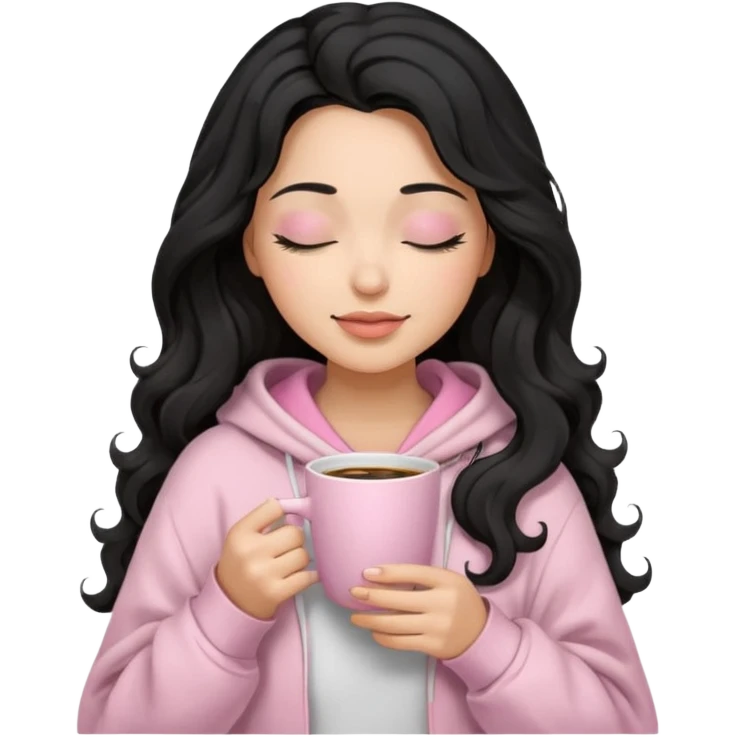 hispanic woman, black long wavy hair , closed eyes, feminine face, holding soft pink coffee cup wearing white Hoodie with pink blanket over shoulders emoji