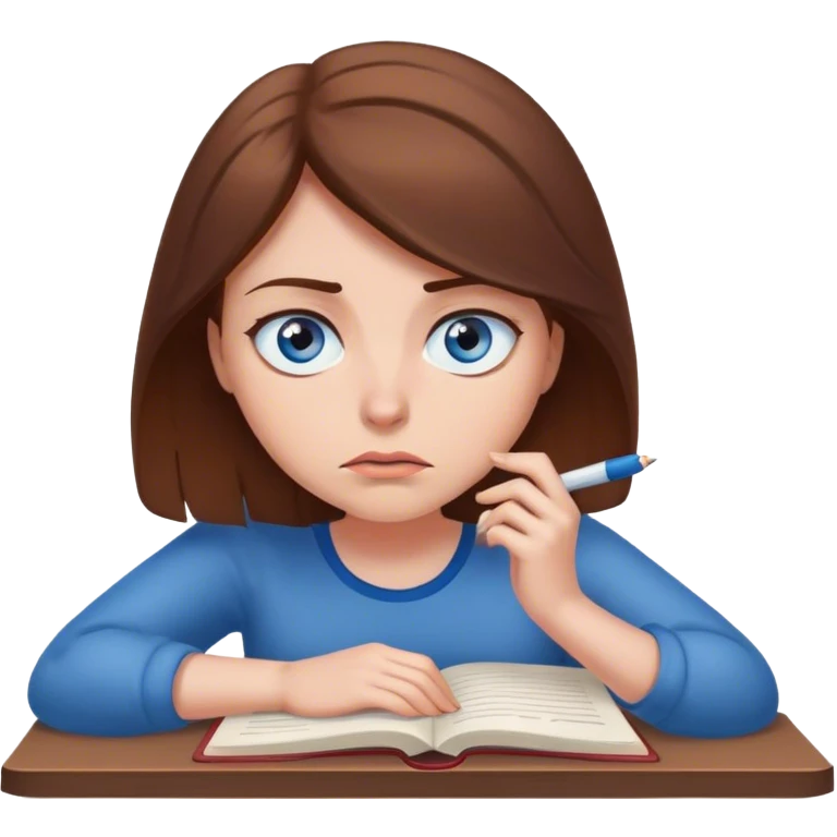 female writer, romantic, with brown hair, fair skin and blue eyes writing a book with a worried face emoji