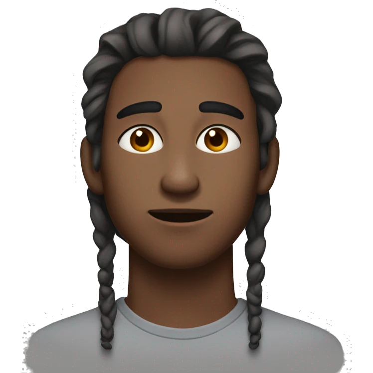 A 20 year old man with long face, septum piercing, tired brown eyes, bigger nose, face-length brown hair emoji