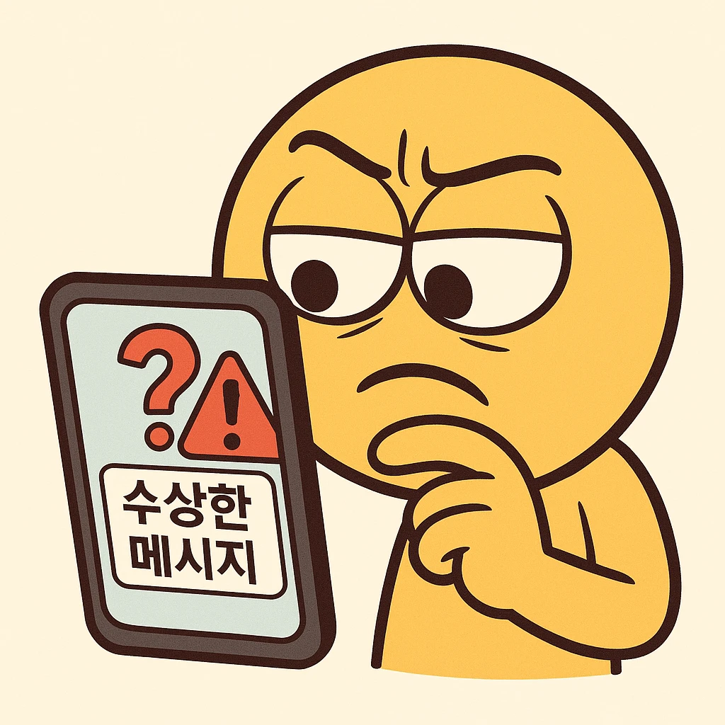 curious slightly suspicious cartoon emoticon character squinting at a smartphone screen, phone screen displays a message preview with clear Korean text '수상한 메시지' or '경고!', overlaid with a prominent question mark and a red exclamation mark icon, flat design, simple, bright colors, isolated on a light pastel background, static, 360x360px, RGB, 72dpi+, PNG format emoji