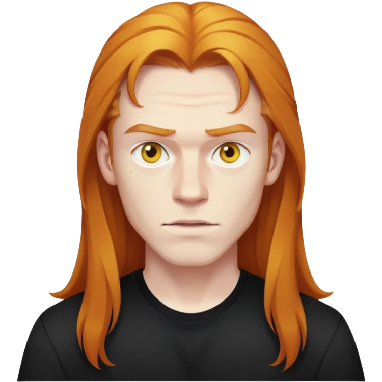 Man in his 20s, pale skin, yellow eyes, long ginget hair, clenched shirt over black t-shirt emoji