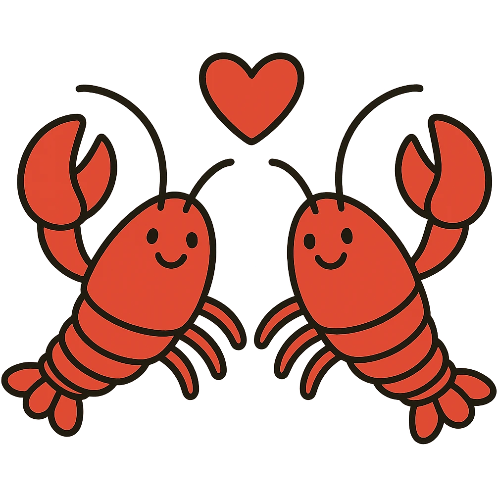 flat toon style lobsters in love, bright colors, smiling faces emoji