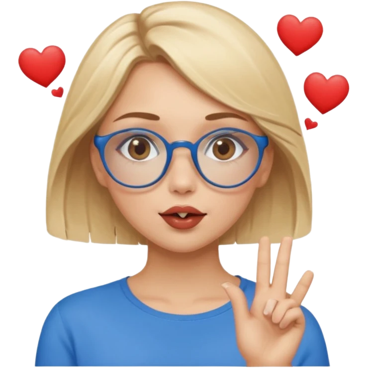 Asthectic Blonde women with brown eyes, blue glasses, waering a brown top, blowing a kiss with hearts around her. emoji